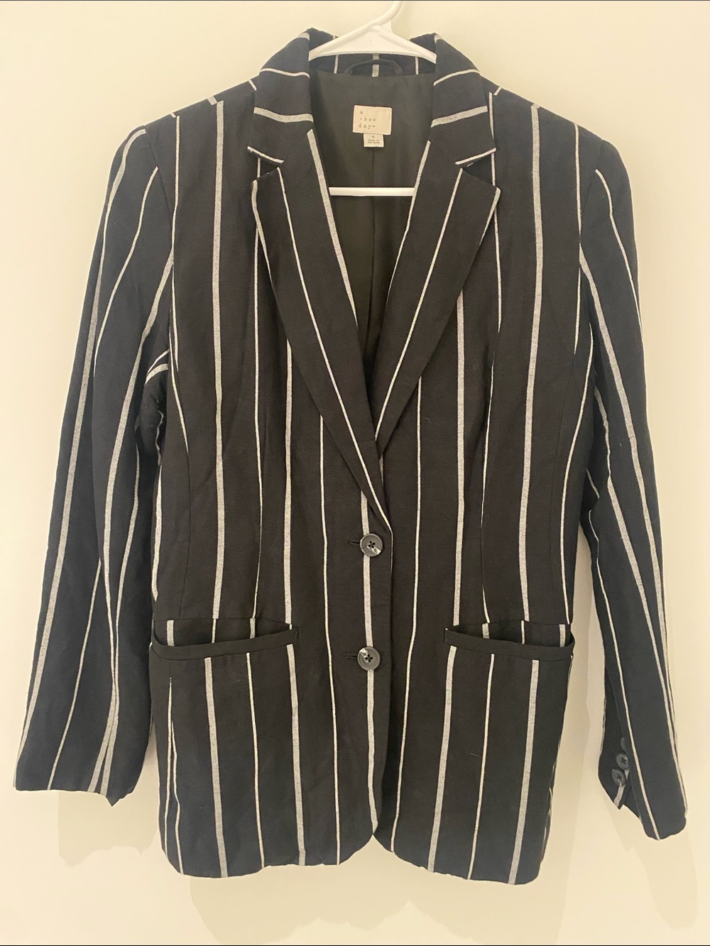 A New Day Double Button Classic Linen Blazer Black w/ White Stripes Size 6